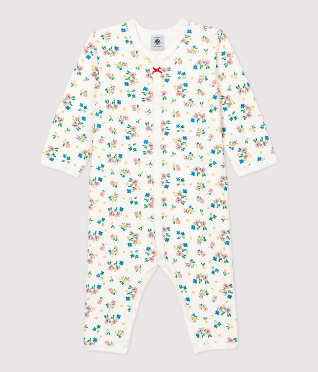 Baby-Strampler ohne F&uuml;&szlig;e aus Baumwolle mit Blumenmuster weiss/vielfarbig
